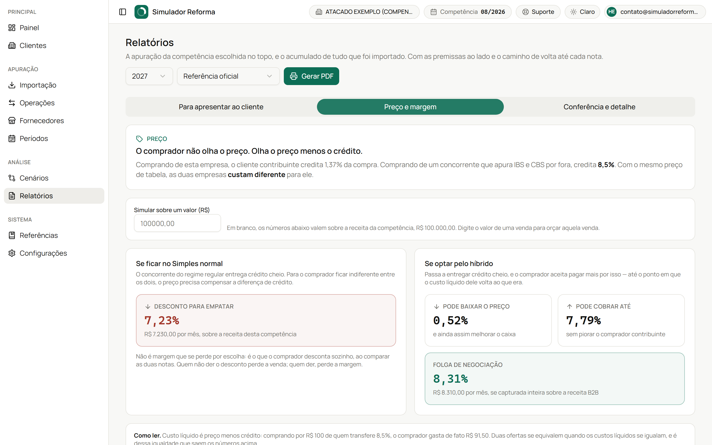 Tela de Preço e margem com o desconto para empatar e o teto de aumento.