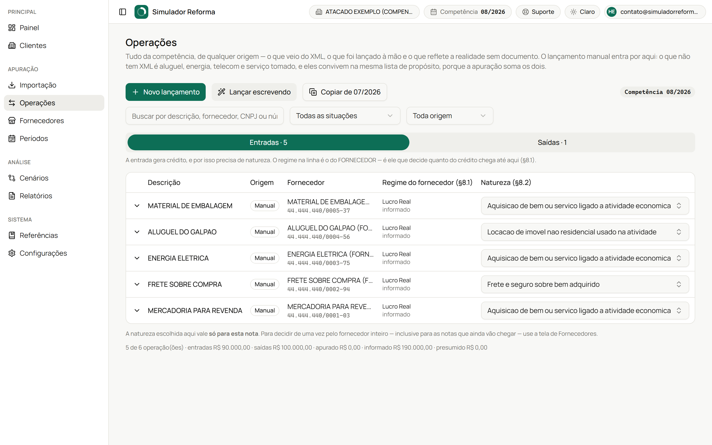 Tela de Operações listando as notas importadas.