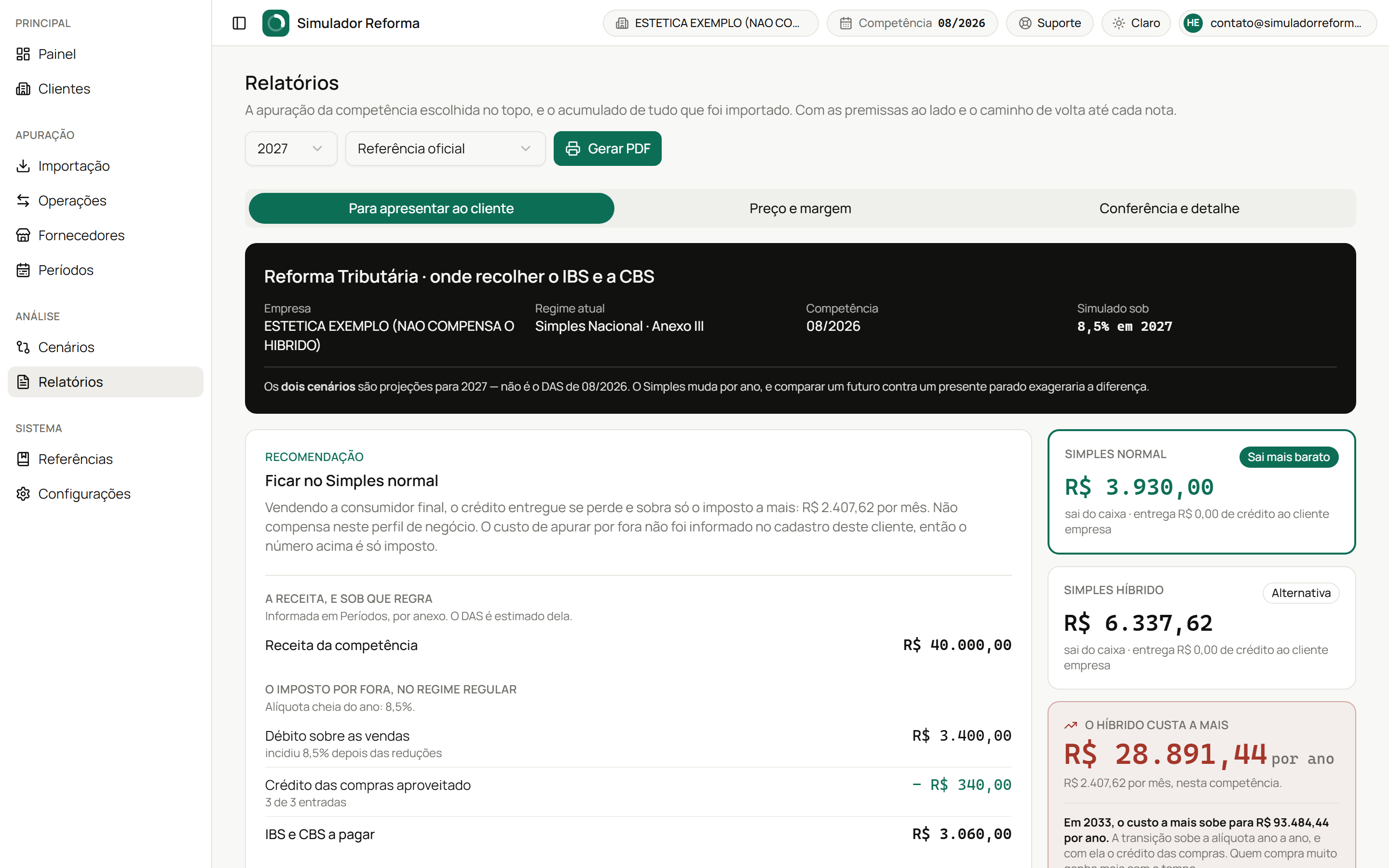 Tela de Relatórios recomendando ficar no Simples normal para um salão de estética.